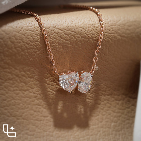 Heart & Oval Diamond Pendant Necklace – Rose Gold Diamond Necklace | Romantic Two-Stone Diamond Pendant for Women