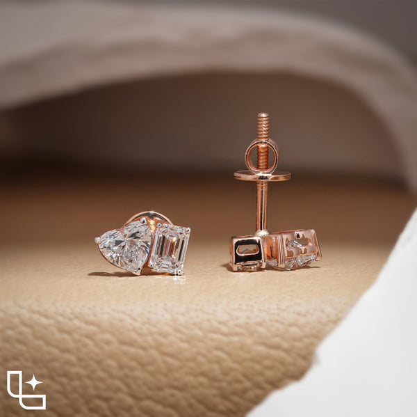 Heart and Emerald Cut Two Stone Stud Earrings, 1.20 CT Total Diamond Weight