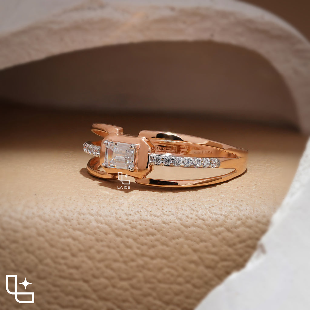 Emerald Cut Engagement Ring with Geometric Setting and Split Shank Band