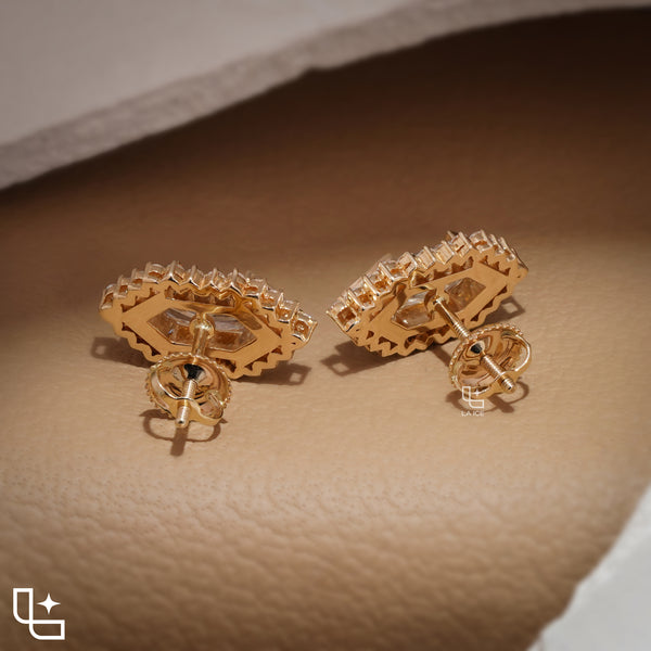Elongated Hexagon Halo Stud Earrings with Geometric Center Stones and Round Accents, 2.00 CT Total Diamond Weight