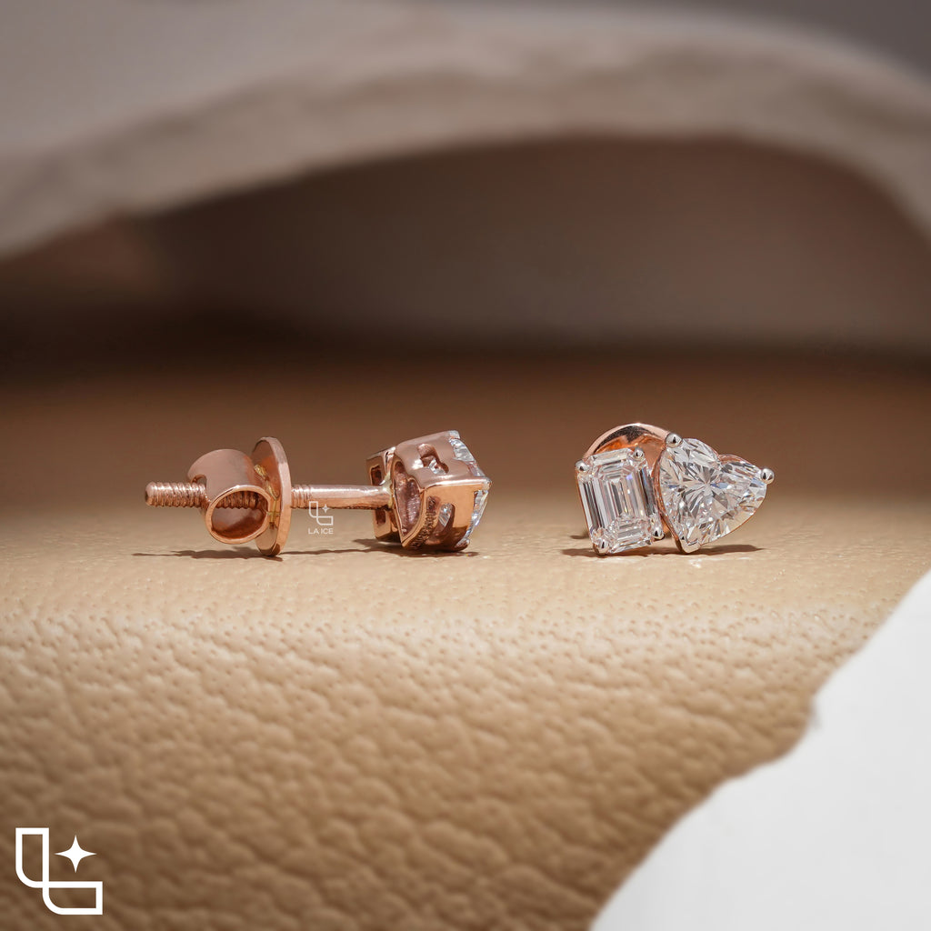 Heart and Emerald Cut Two Stone Stud Earrings, 1.20 CT Total Diamond Weight