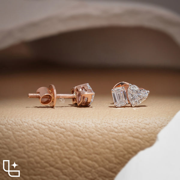 Heart and Emerald Cut Two Stone Stud Earrings, 1.20 CT Total Diamond Weight