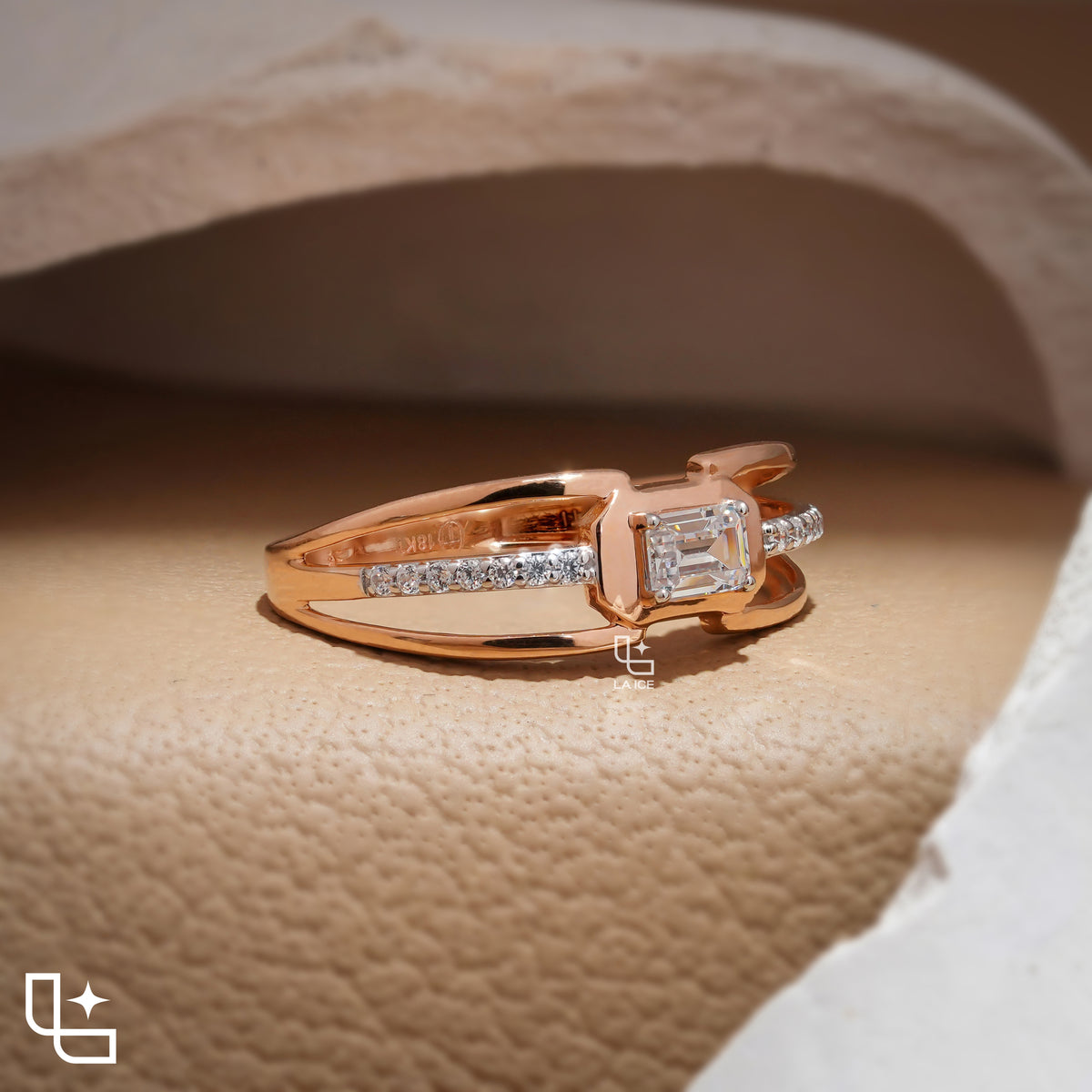 Emerald Cut Engagement Ring with Geometric Setting and Split Shank Band