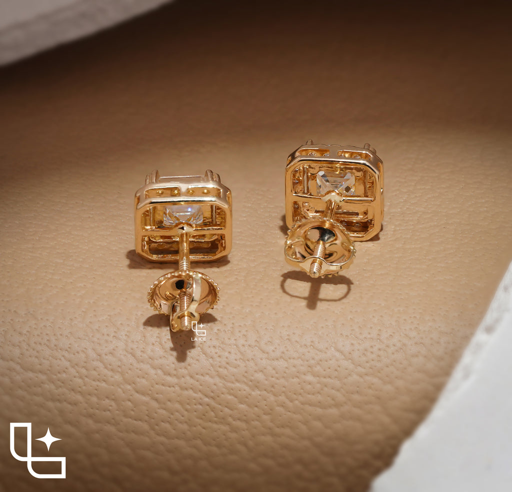 Asscher Cut Diamond Halo Stud Earrings, Square Diamond Stud Earrings, Square Step Cut Halo Stud Earrings with a Sparkling Round Stone Border, 2.00 CT Total Diamond Weight