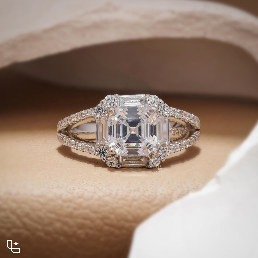 Asscher Cut Halo Engagement Ring with Split Pavé Band – 2.75 CT Total Diamond Weight