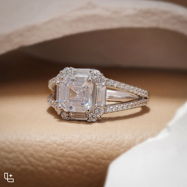 Asscher Cut Halo Engagement Ring with Split Pavé Band – 2.75 CT Total Diamond Weight