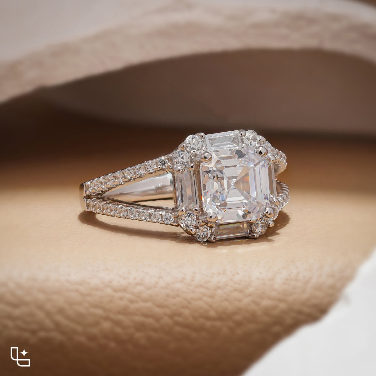 Asscher Cut Halo Engagement Ring with Split Pavé Band – 2.75 CT Total Diamond Weight