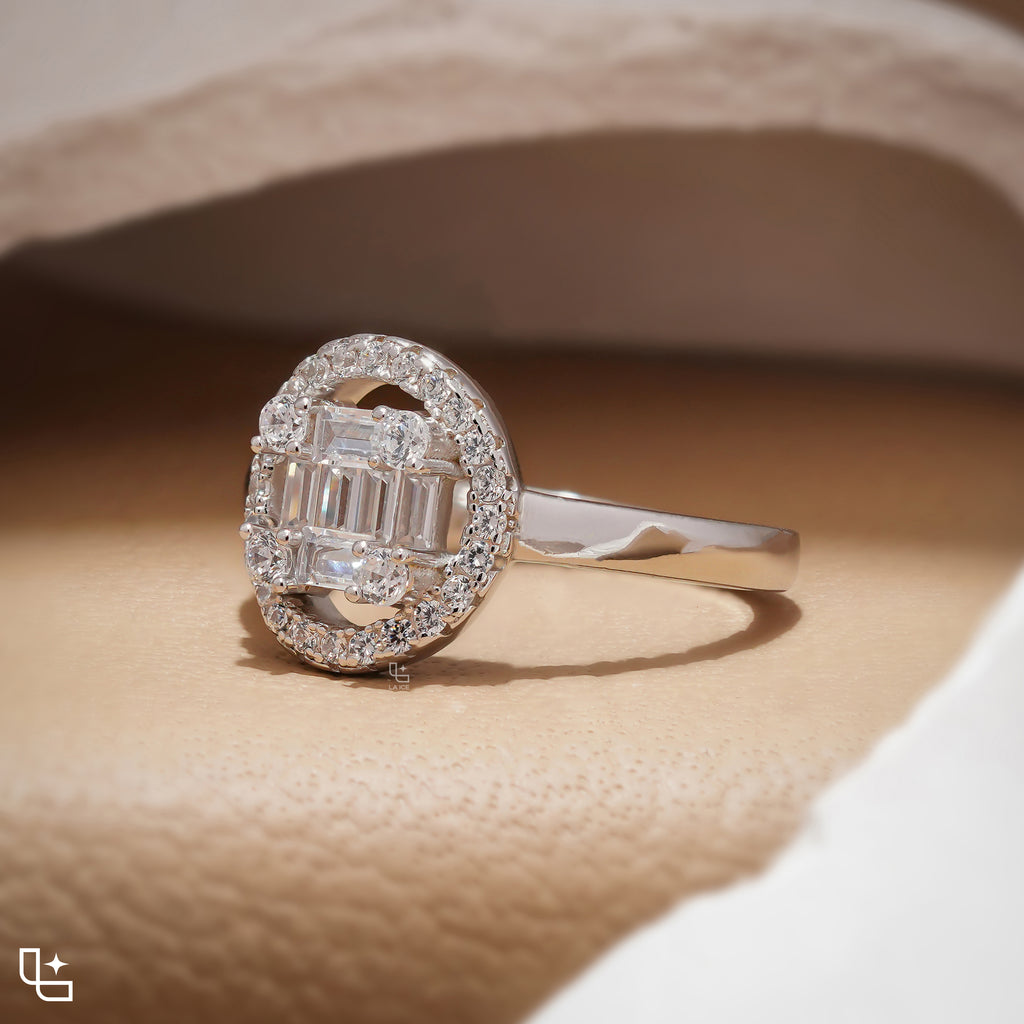 Baguette Cut Cluster Halo Ring with Round Accent Stones