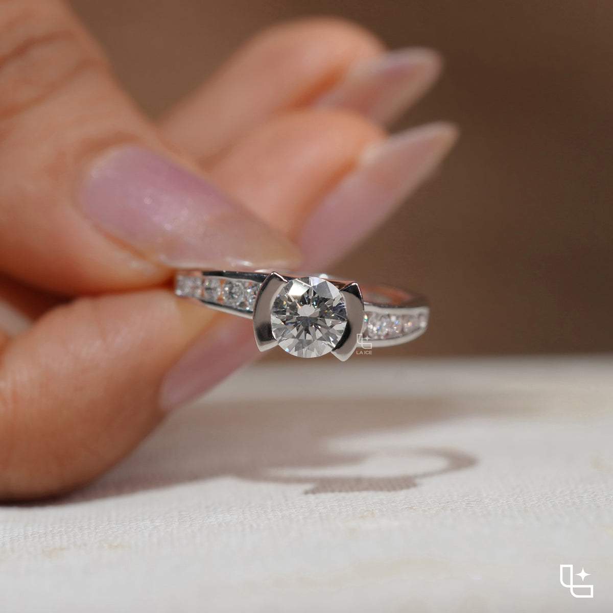 Round Cut Sculptural Solitaire Ring with Pavé Accents, 1.35 CT Total Diamond Weight