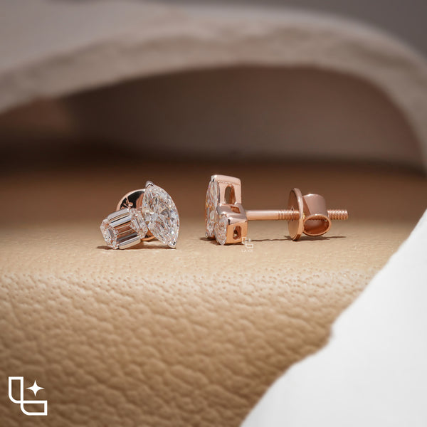 Marquise & Emerald Diamond Stud Earrings – Rose Gold Diamond Earrings | Modern Two-Stone Diamond Earrings for Women