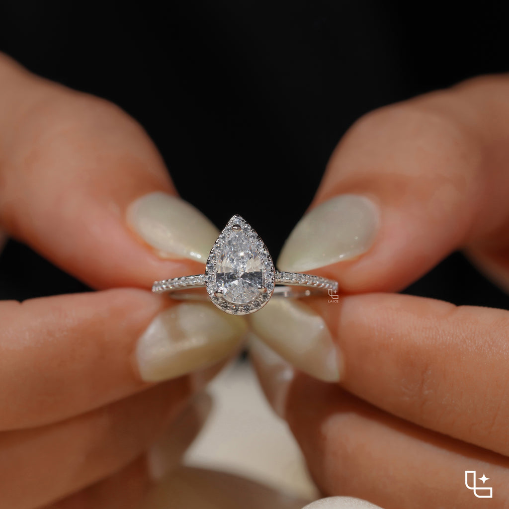 Pear Diamond Halo Engagement Ring – Teardrop Diamond Ring in White Gold | Classic Solitaire Halo Ring for Women