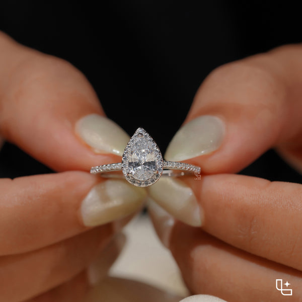 Pear Diamond Halo Engagement Ring – Teardrop Diamond Ring in White Gold | Classic Solitaire Halo Ring for Women