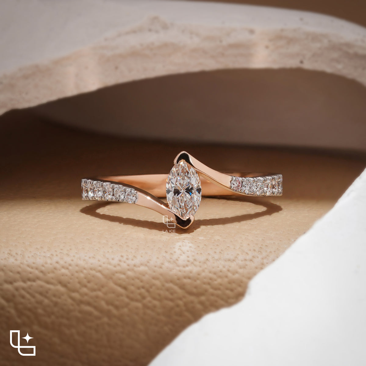 Marquise Diamond Solitaire Ring – Twisted Diamond Engagement Ring in Rose Gold | Modern Bypass Diamond Ring for Women Main image