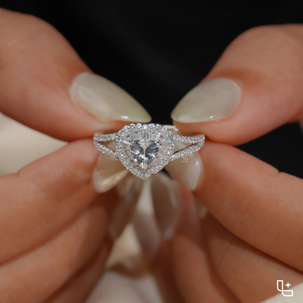 Heart Cut Halo Ring with Double Halo and Split Pavé Band – 2.00 CT Total Diamond Weight
