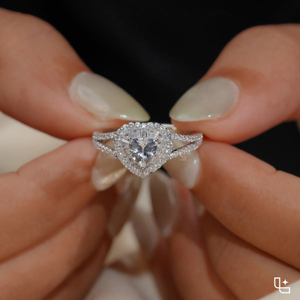 Heart Cut Halo Ring with Double Halo and Split Pavé Band – 2.00 CT Total Diamond Weight