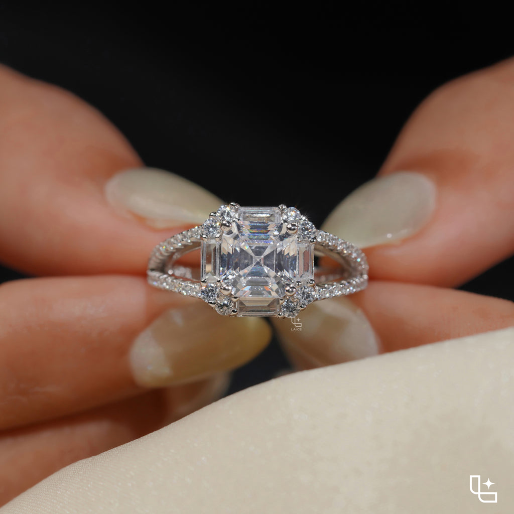 Asscher Cut Halo Engagement Ring with Split Pavé Band – 2.75 CT Total Diamond Weight