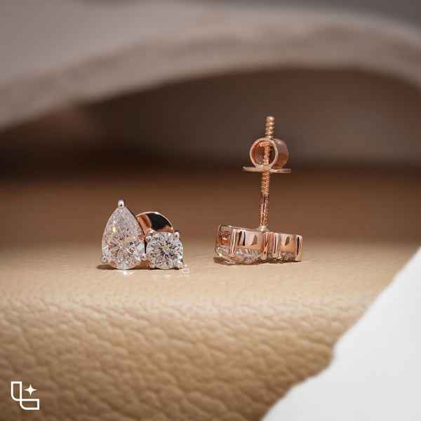 Pear & Round Diamond Stud Earrings – Rose Gold Diamond Earrings | Classic Two-Stone Diamond Studs for Women