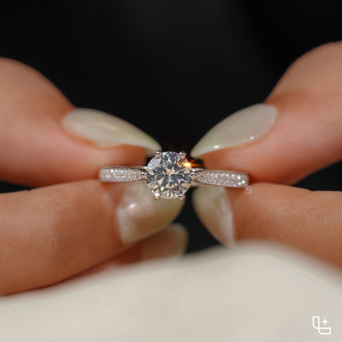 Round Cut Pavé Engagement Ring with Sparkling Band