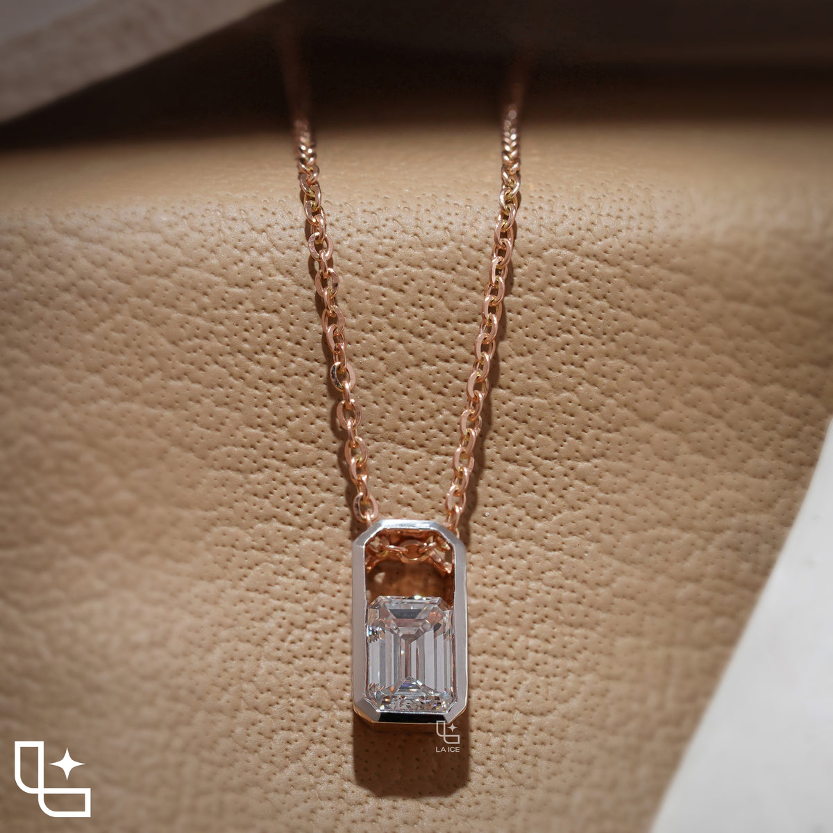 Emerald Cut Solitaire Pendant Necklace – Rose Gold Diamond Pendant | Modern Bezel Set Diamond Necklace for Women