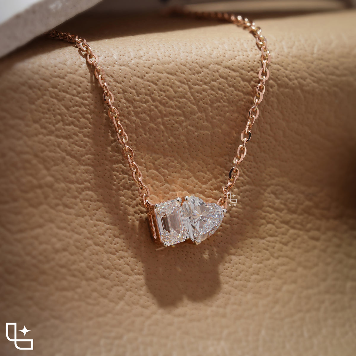 Emerald & Heart Diamond Pendant Necklace – Rose Gold Diamond Necklace | Romantic Two-Stone Diamond Pendant for Women