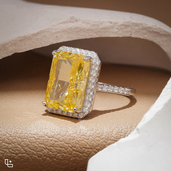 Yellow Radiant Cut Halo Ring with Pavé Band