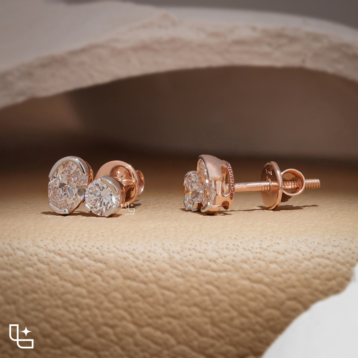 Oval and Round Cut Two Stone Stud Earrings with Asymmetrical Design, 1.50 CT Total Diamond Weight