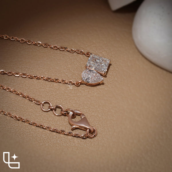 Pear & Radiant Diamond Pendant Necklace – Rose Gold Diamond Necklace | Modern Two-Stone Diamond Pendant for Women