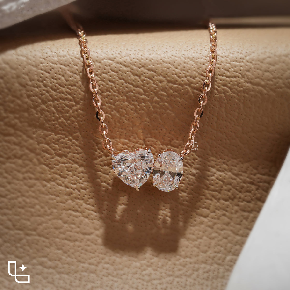 Heart & Oval Diamond Pendant Necklace – Rose Gold Diamond Necklace | Romantic Two-Stone Diamond Pendant for Women
