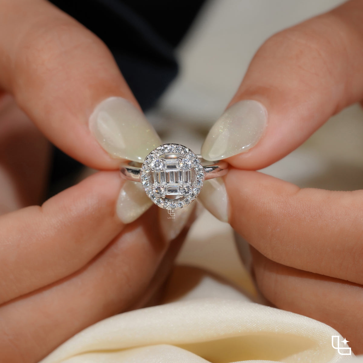 Baguette Cut Cluster Halo Ring with Round Accent Stones