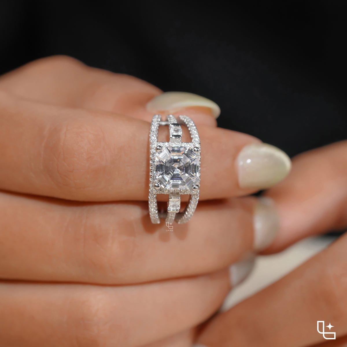 Asscher Cut Halo Engagement Ring with Split Pavé Band