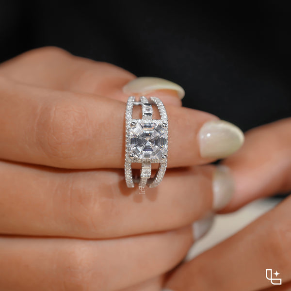 Asscher Cut Halo Engagement Ring with Split Pavé Band