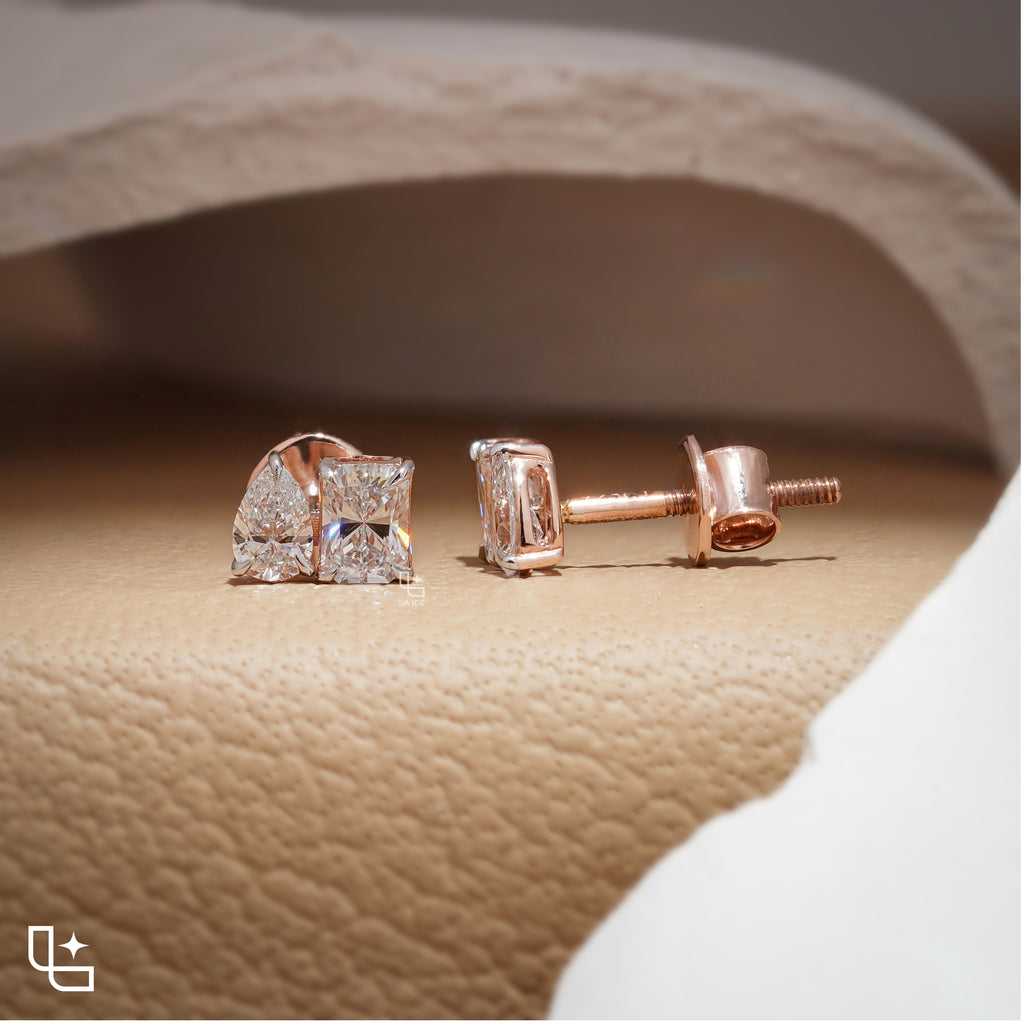 Pear & Radiant Diamond Stud Earrings – Two Stone Diamond Earrings in Rose Gold | Modern Geometric Diamond Earrings for Women