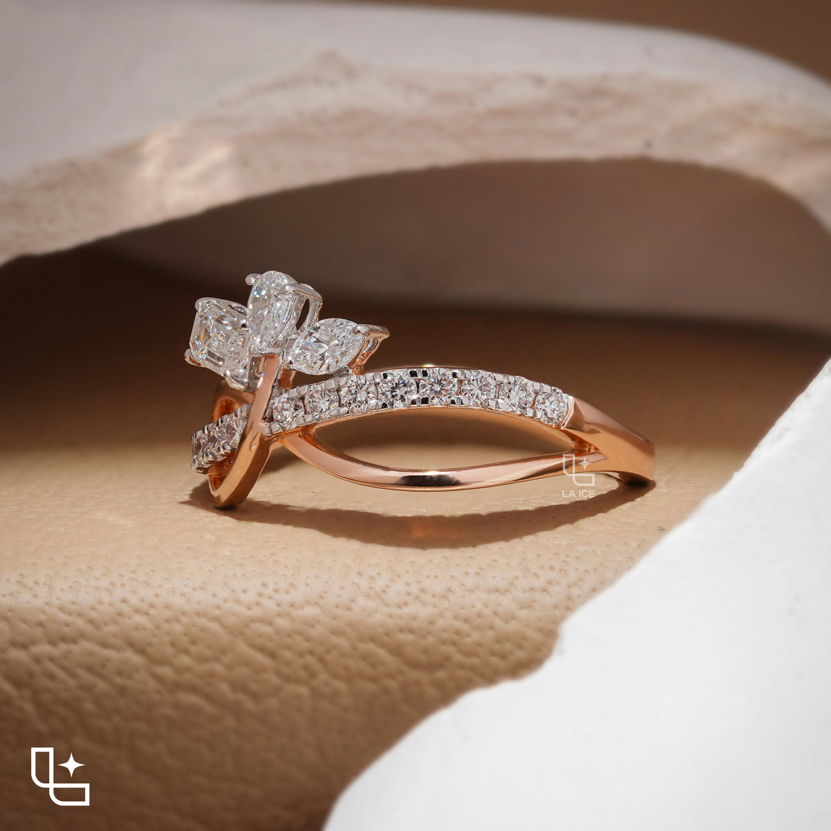 Three Stone Bypass Ring with Emerald Cut Center, Marquise and Pear-Shaped Accents, Pavé Crossover Band, 0.50 CT Center and 0.80 CT Side Diamonds