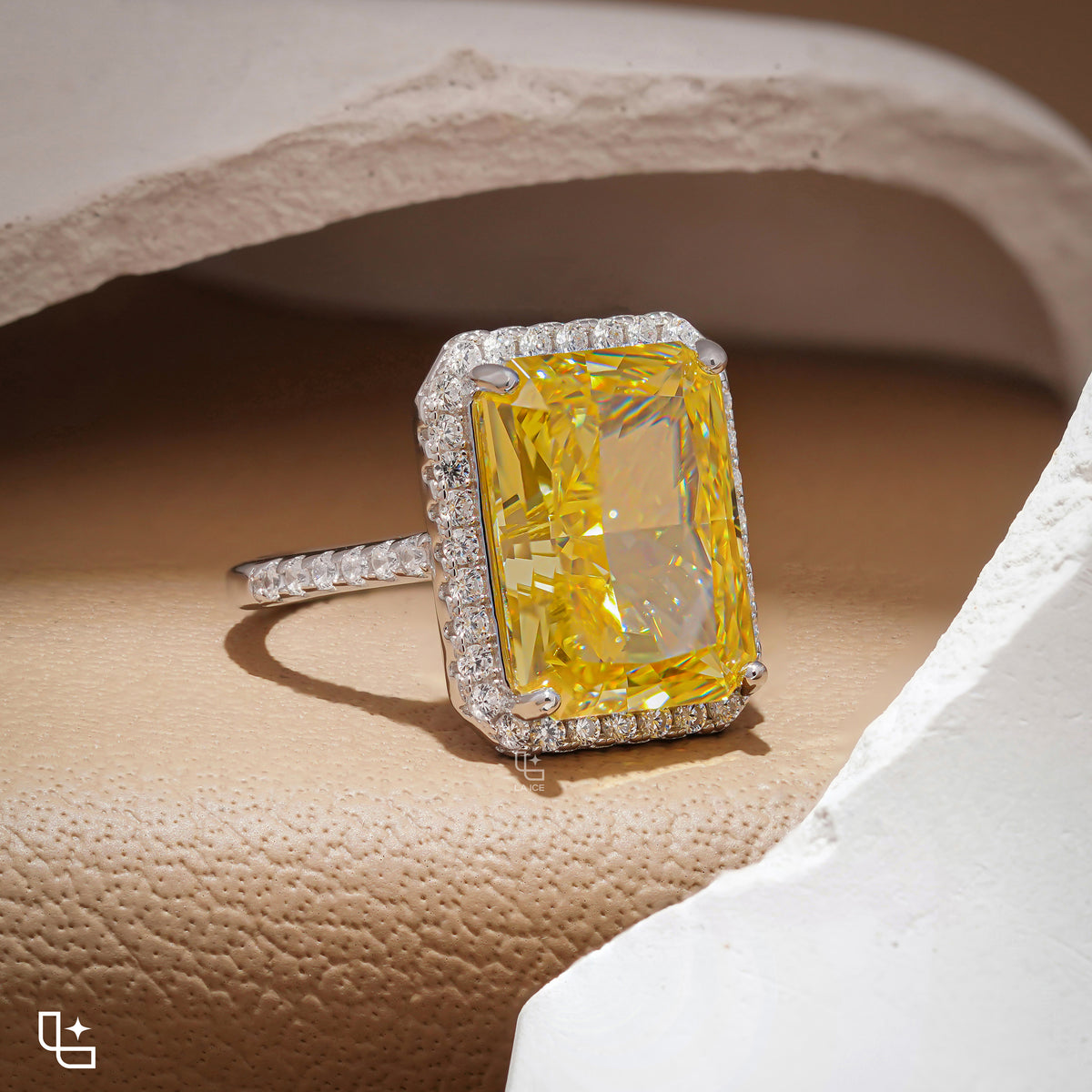 Yellow Radiant Cut Halo Ring with Pavé Band