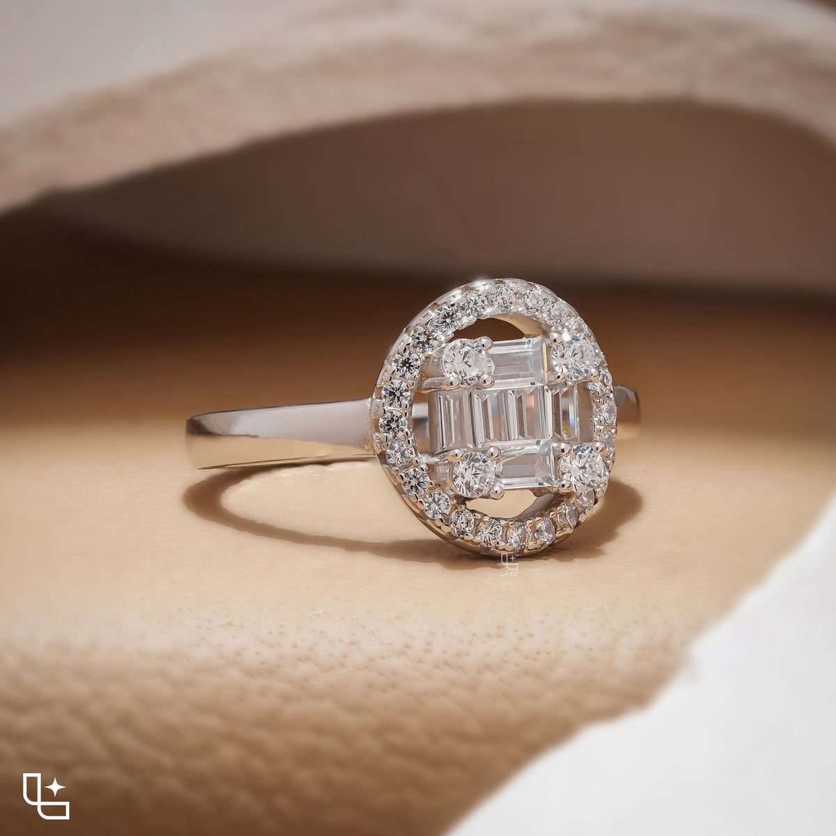 Baguette Cut Cluster Halo Ring with Round Accent Stones