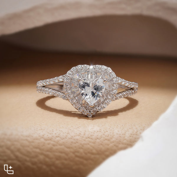Heart Cut Halo Ring with Double Halo and Split Pavé Band – 2.00 CT Total Diamond Weight