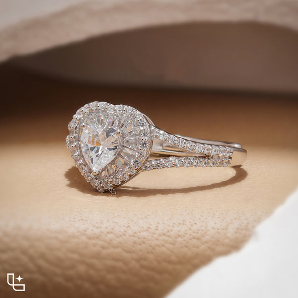Heart Cut Halo Ring with Double Halo and Split Pavé Band – 2.00 CT Total Diamond Weight