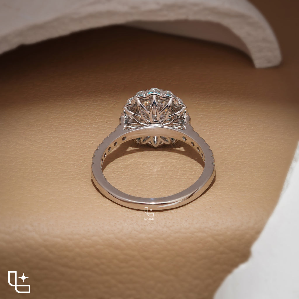 Round Halo Ring with Blue Accent Stones and Pavé Band – 2.20 CT Diamond Weight