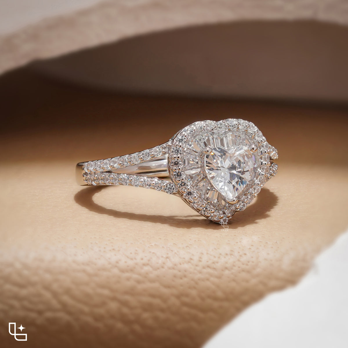 Heart Cut Halo Ring with Double Halo and Split Pavé Band – 2.00 CT Total Diamond Weight