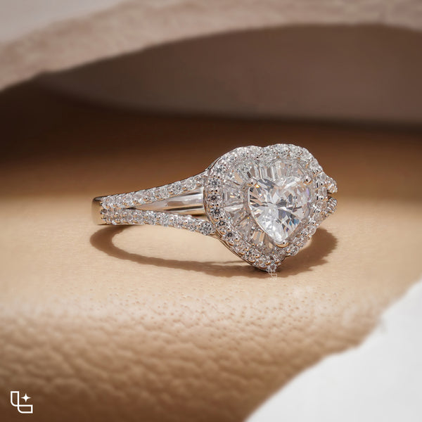 Heart Cut Halo Ring with Double Halo and Split Pavé Band – 2.00 CT Total Diamond Weight