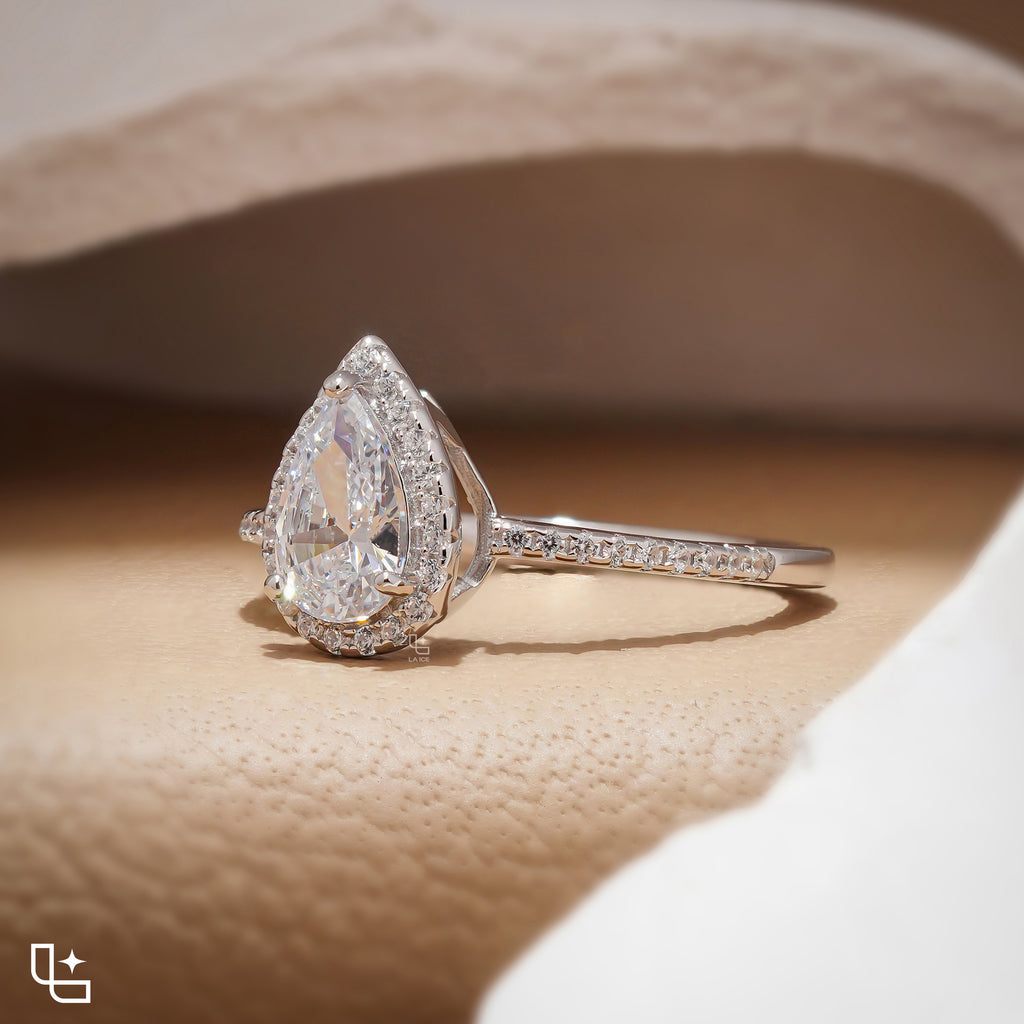 Pear Diamond Halo Engagement Ring – Teardrop Diamond Ring in White Gold | Classic Solitaire Halo Ring for Women
