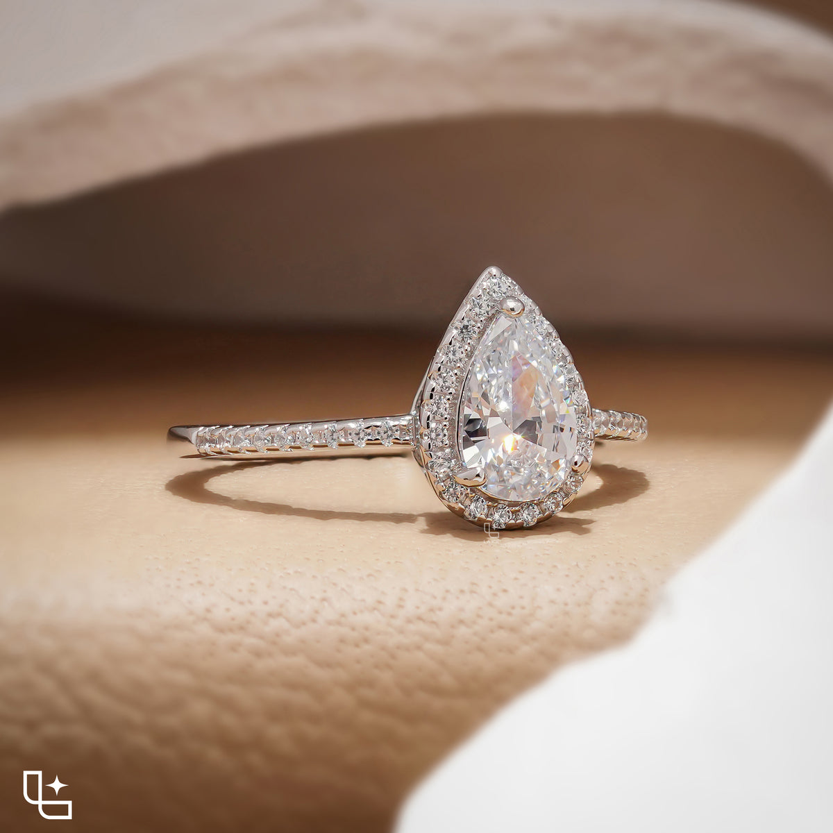 Pear Diamond Halo Engagement Ring – Teardrop Diamond Ring in White Gold | Classic Solitaire Halo Ring for Women