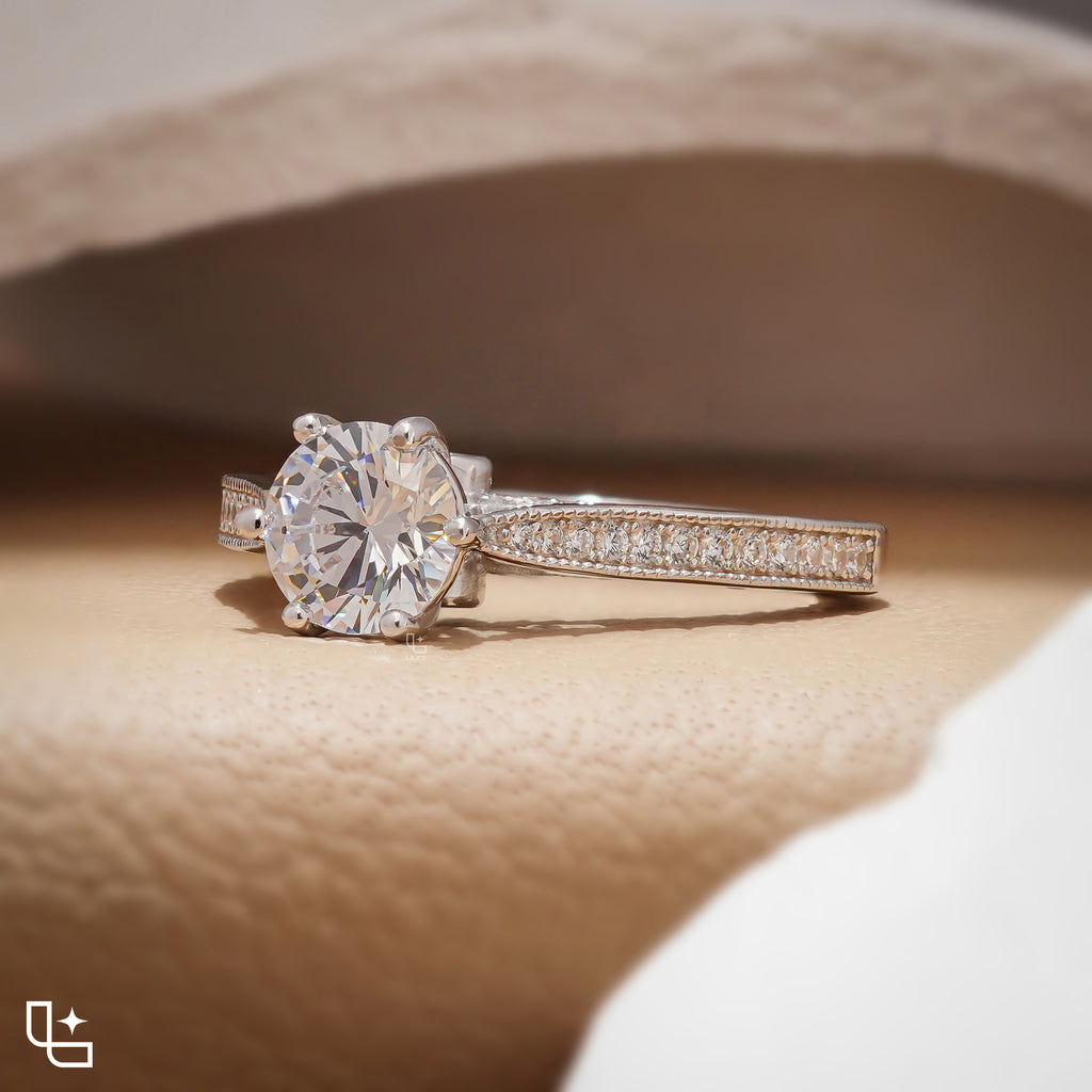 Round Cut Pavé Engagement Ring with Sparkling Band