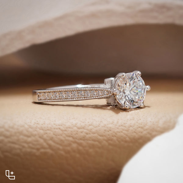 Round Cut Pavé Engagement Ring with Sparkling Band