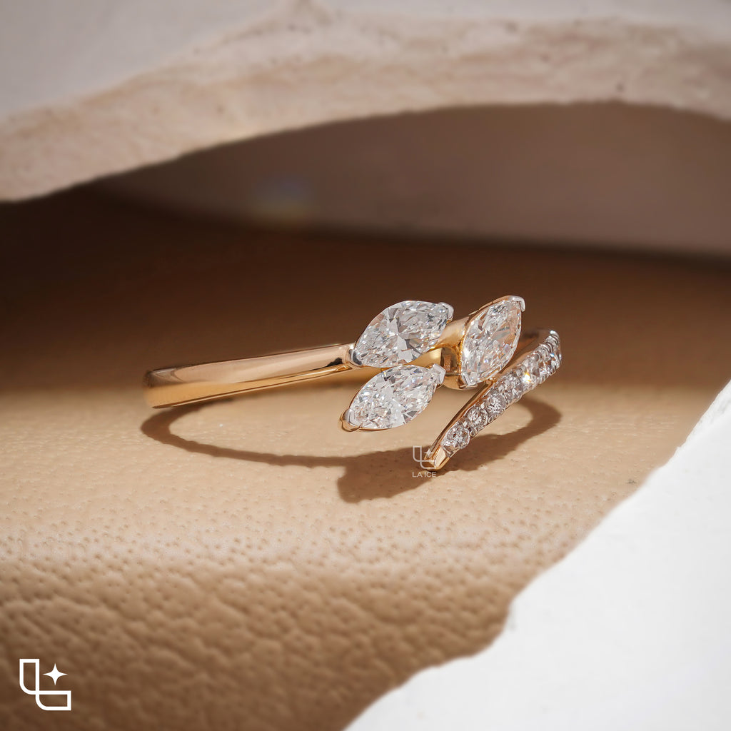 Three Marquise Stone Bypass Ring – 0.60 CT Center, 0.80 CT Side