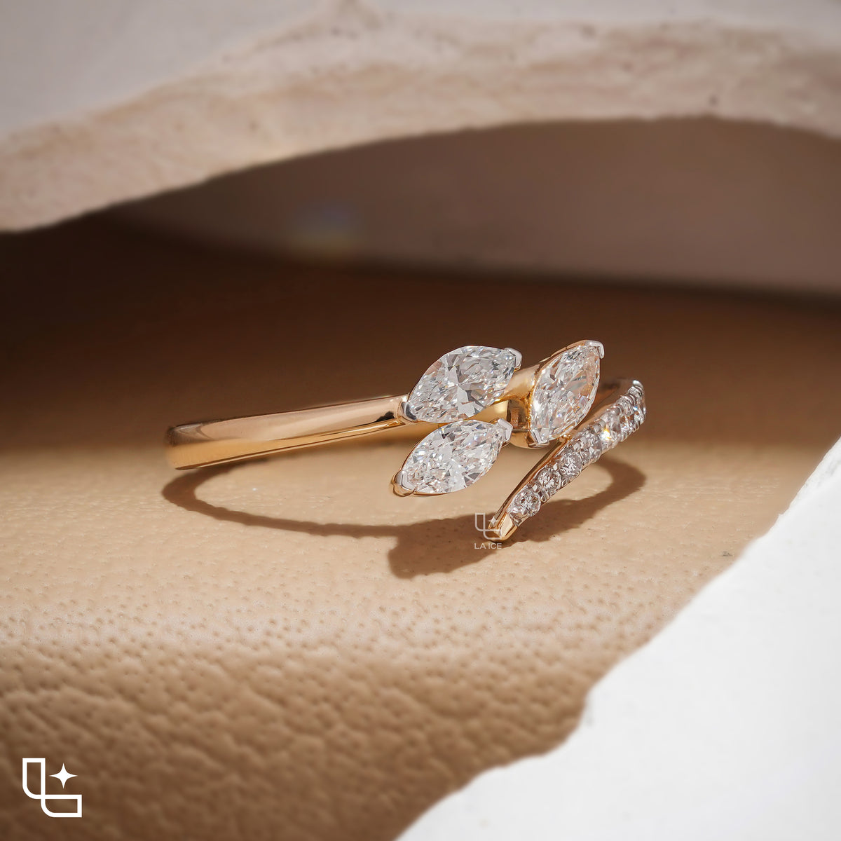 Three Marquise Stone Bypass Ring – 0.60 CT Center, 0.80 CT Side