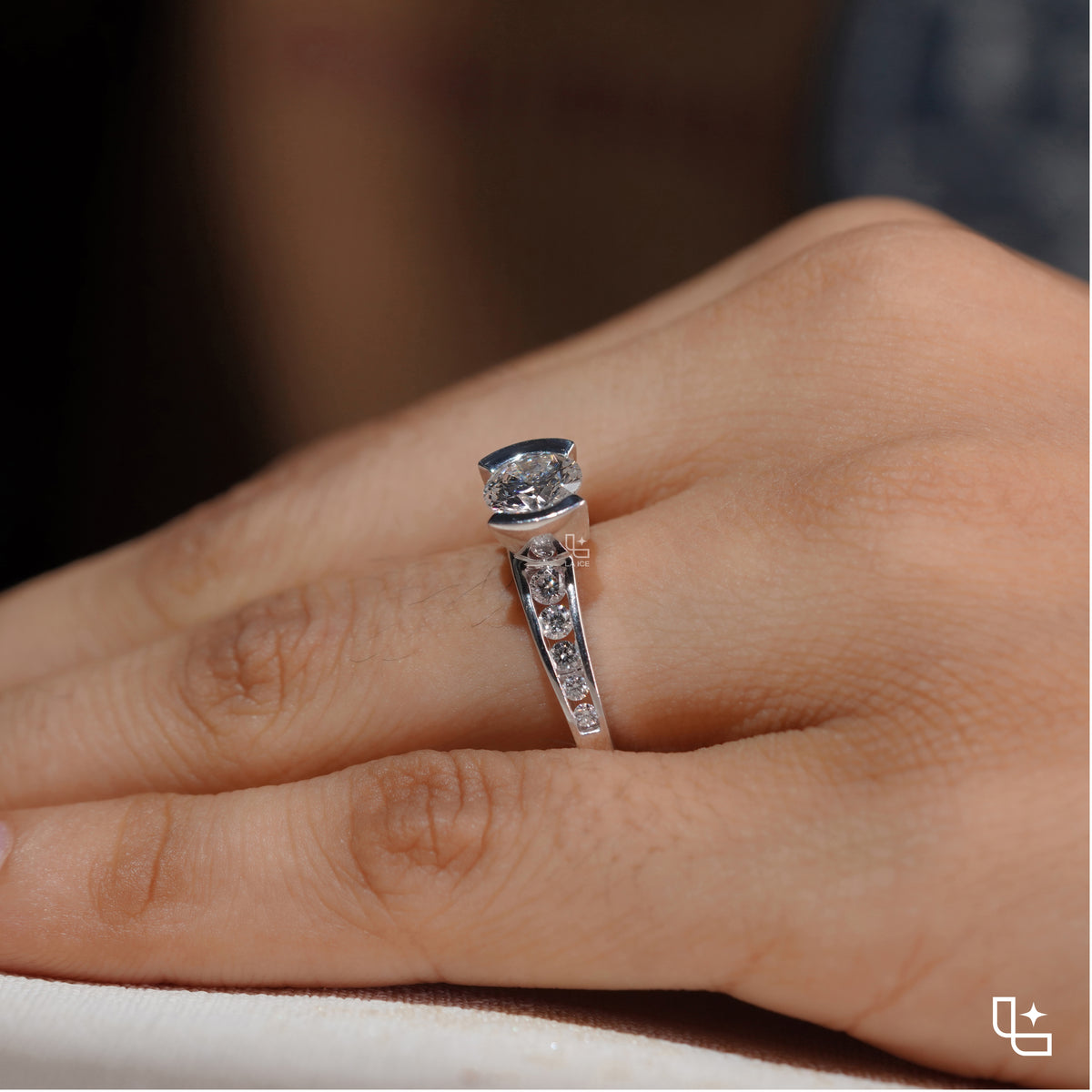 Round Cut Sculptural Solitaire Ring with Pavé Accents, 1.35 CT Total Diamond Weight