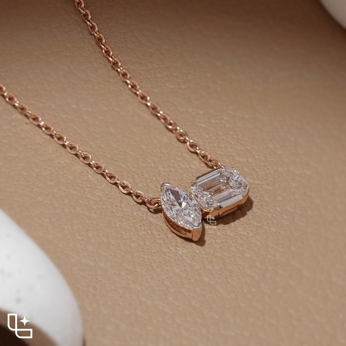 Marquise & Emerald Cut Diamond Pendant Necklace – Rose Gold Diamond Necklace | Modern Two-Stone Diamond Pendant for Women