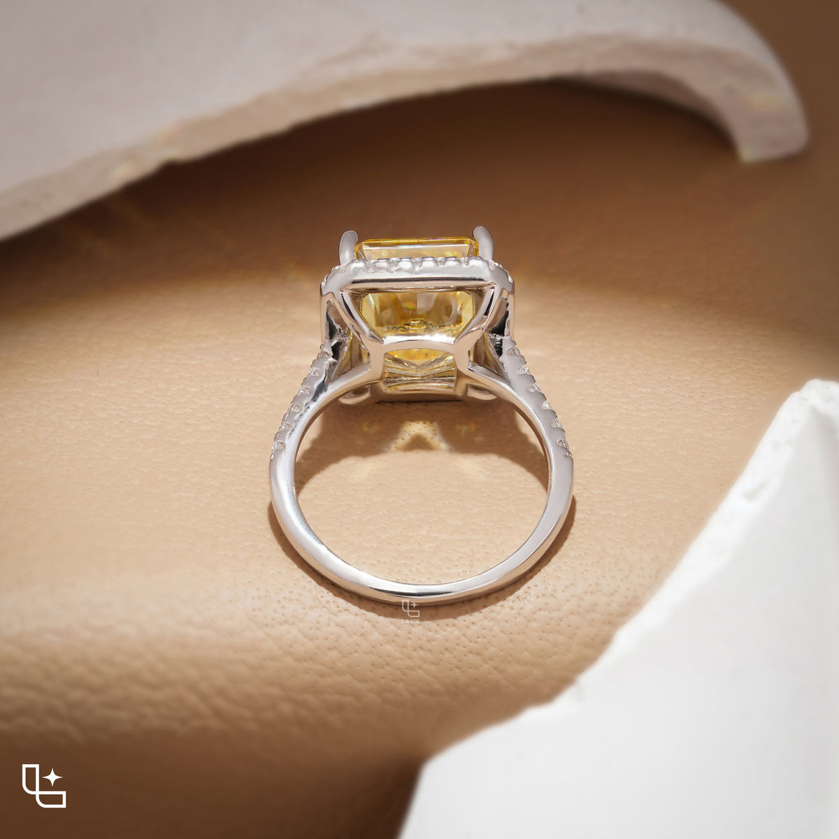 Yellow Radiant Cut Halo Ring with Pavé Band