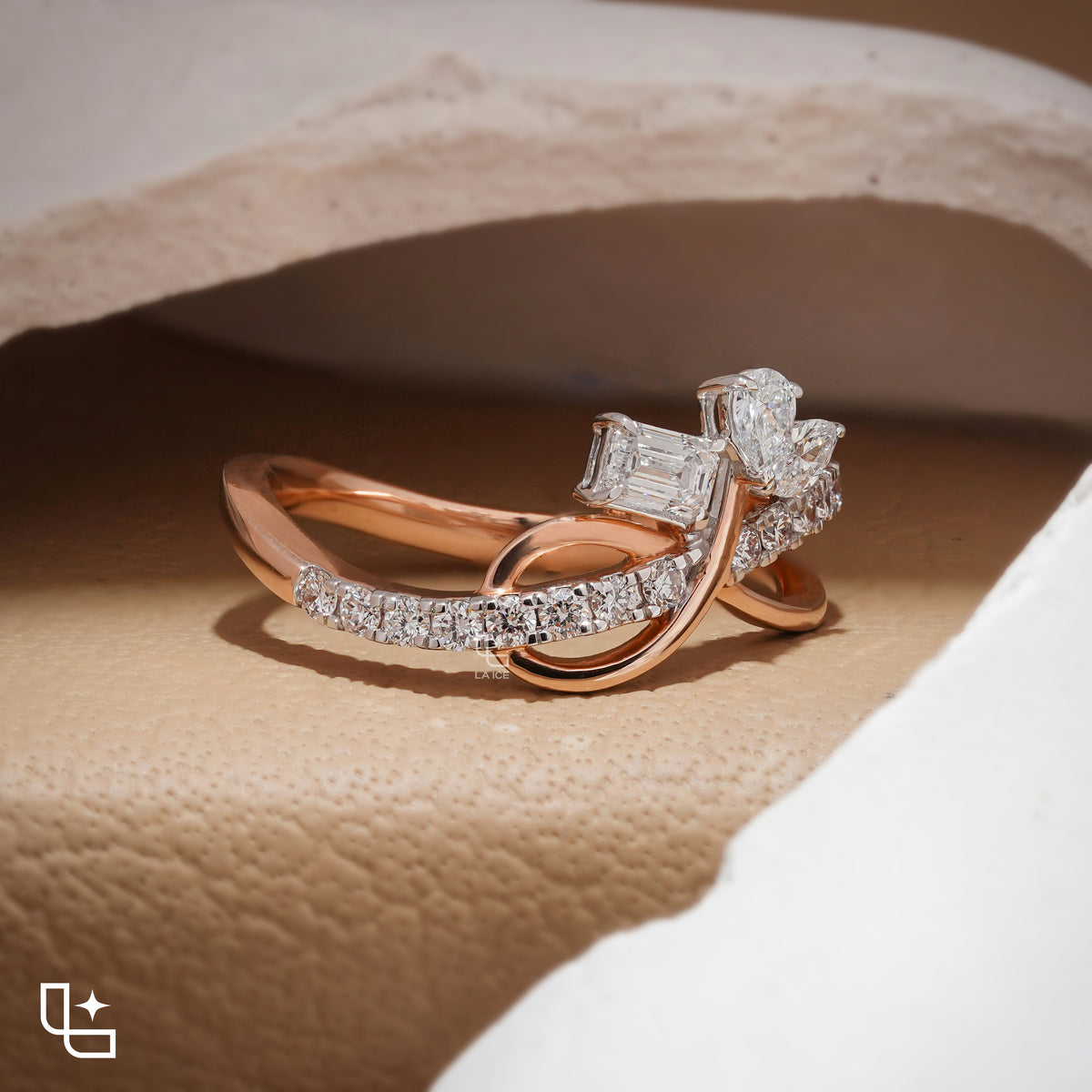 Three Stone Bypass Ring with Emerald Cut Center, Marquise and Pear-Shaped Accents, Pavé Crossover Band, 0.50 CT Center and 0.80 CT Side Diamonds